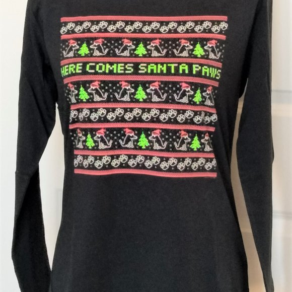 Here Comes Santa Paws Long Sleeve Ladies Crewneck Black Christmas Shirt NEW - Picture 4 of 7